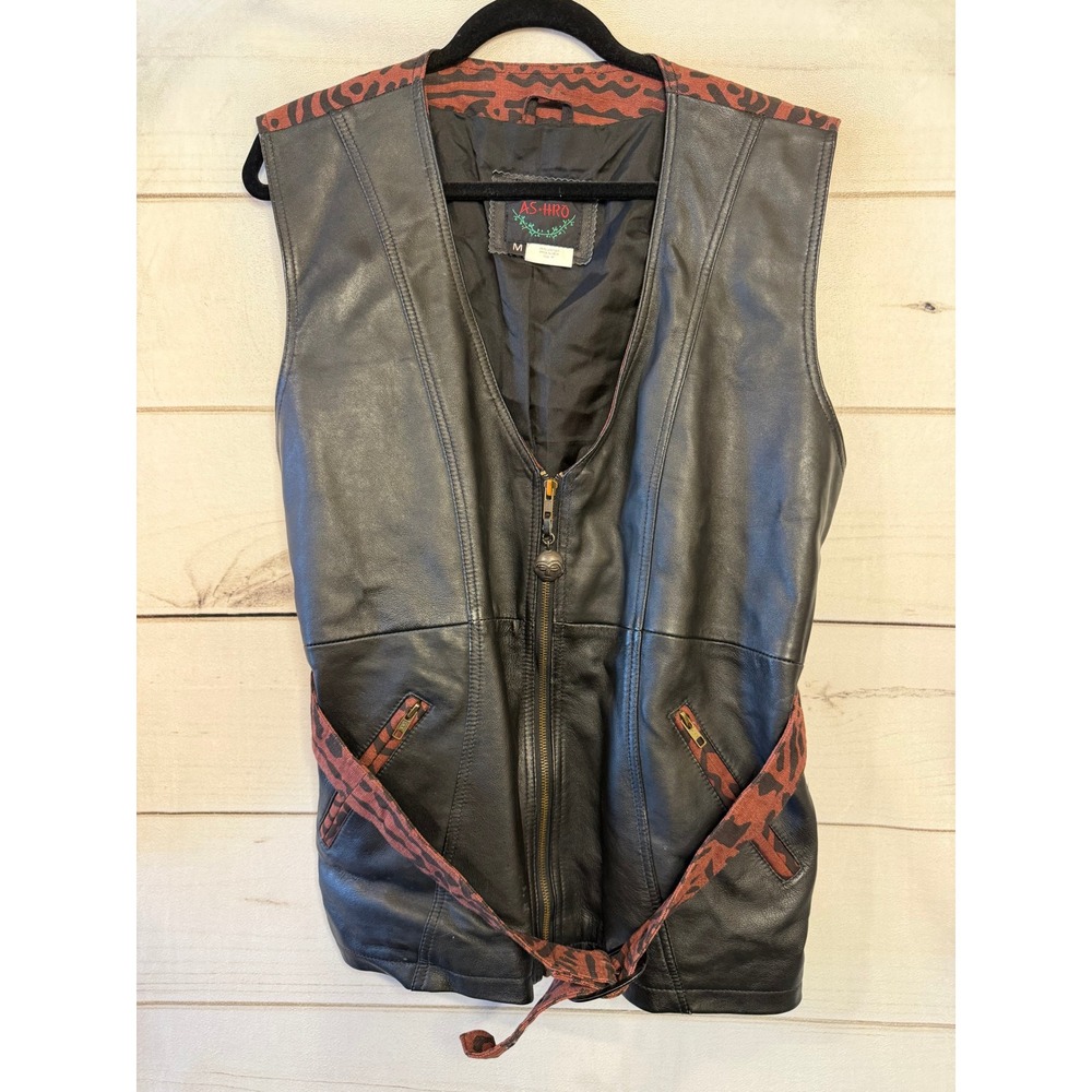 AS HRO‎ Black Genuine Leather Tribal Print Belted Vest Women's Size M